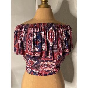 Hollister Off Shoulder Crop Peasant Boho Top XS Cherry Girl Americana Festival